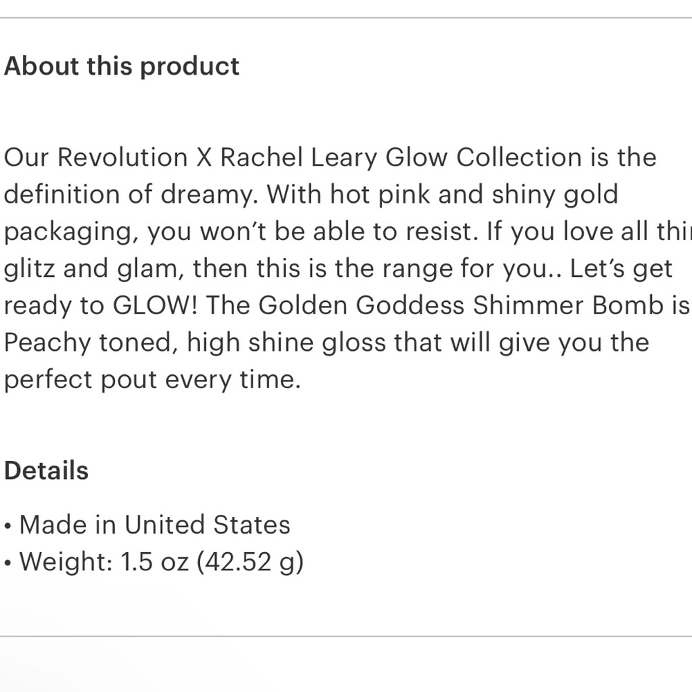 Revolution x Rachel Leary Collection Golden Goddess Shimmer Bomb Lip Gloss. New - Picture 5 of 5